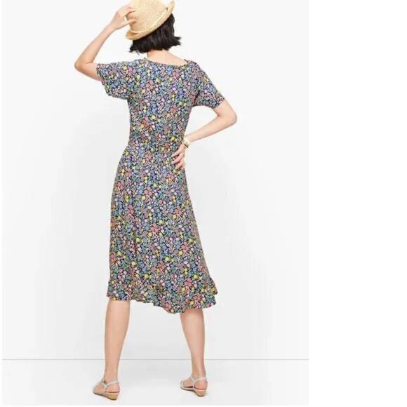 Talbots Floral Flutter Sleeve Tie Neck Ruffled Hem Multi Fit Flare Dress… - Picture 2 of 10